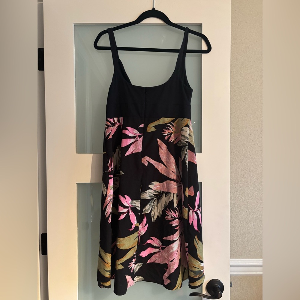 CAbi Black Dress with Pink and Gold Hawaiian Pattern S